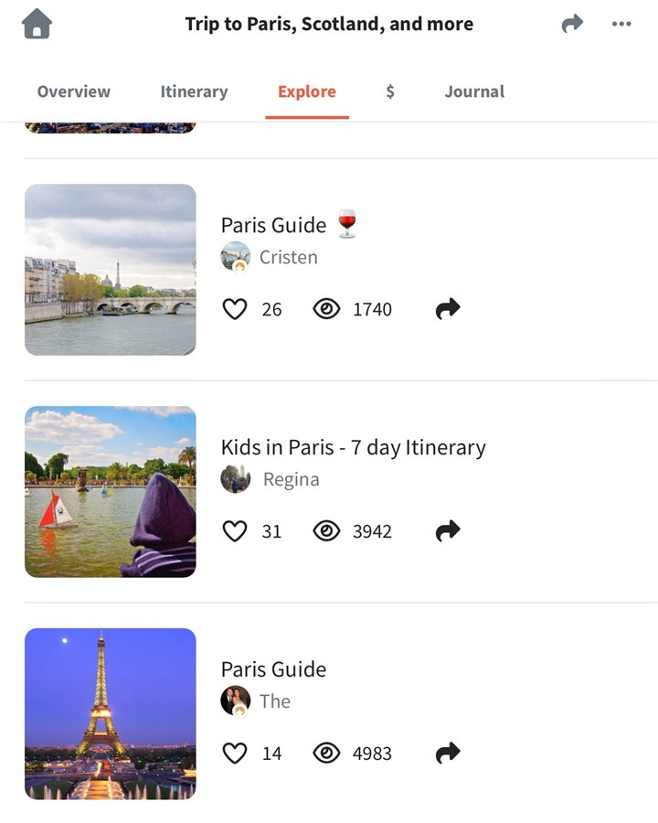 Wanderlog Explore tab listing guides from other travelers