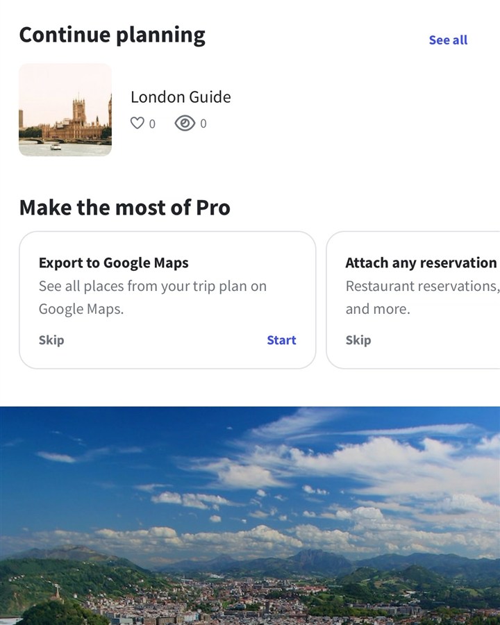 Wanderlog home screen with Continue planning and Pro prompts