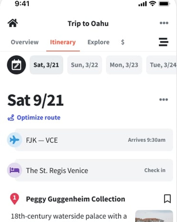 Wanderlog itinerary day with flight, stay and place details